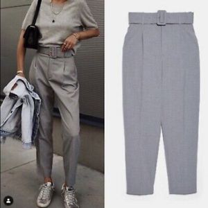 Zara Grey High Waist Trouser Pant with Fabric Covered Belt